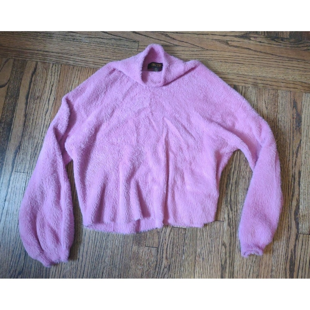 Truth by Republic Pink Fuzzy Eyelash Knit Sweater Medium Mock Neck Puff Sleeve
